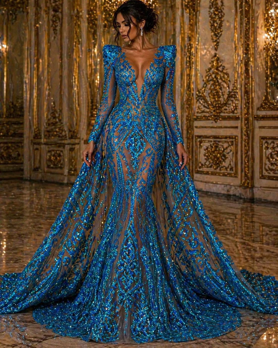 Turquoise Holographic - Marvelous Luxury Shiny Sequin 4-Way Stretch Mesh Fabric – Prom & Evening Dress Material By The Yard.
