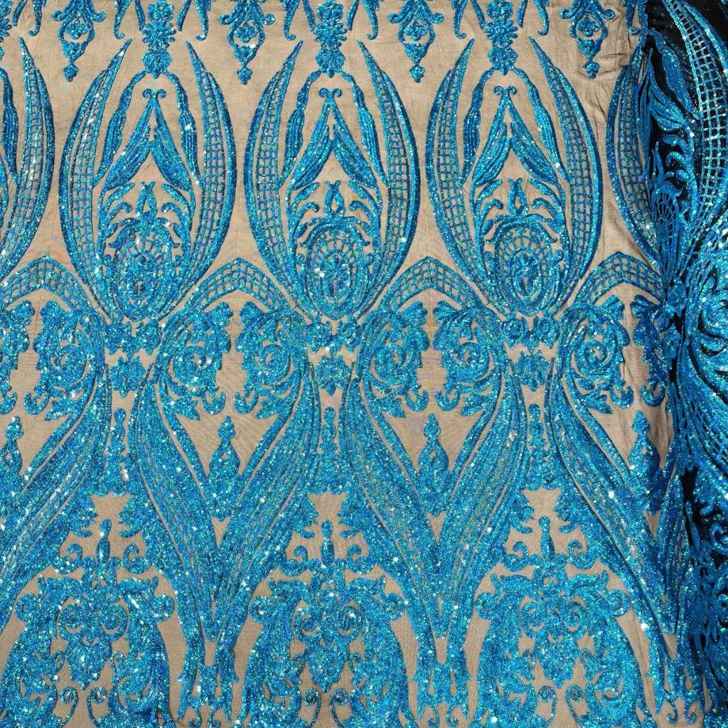 Turquoise Holographic - Marvelous Luxury Shiny Sequin 4-Way Stretch Mesh Fabric – Prom & Evening Dress Material By The Yard.
