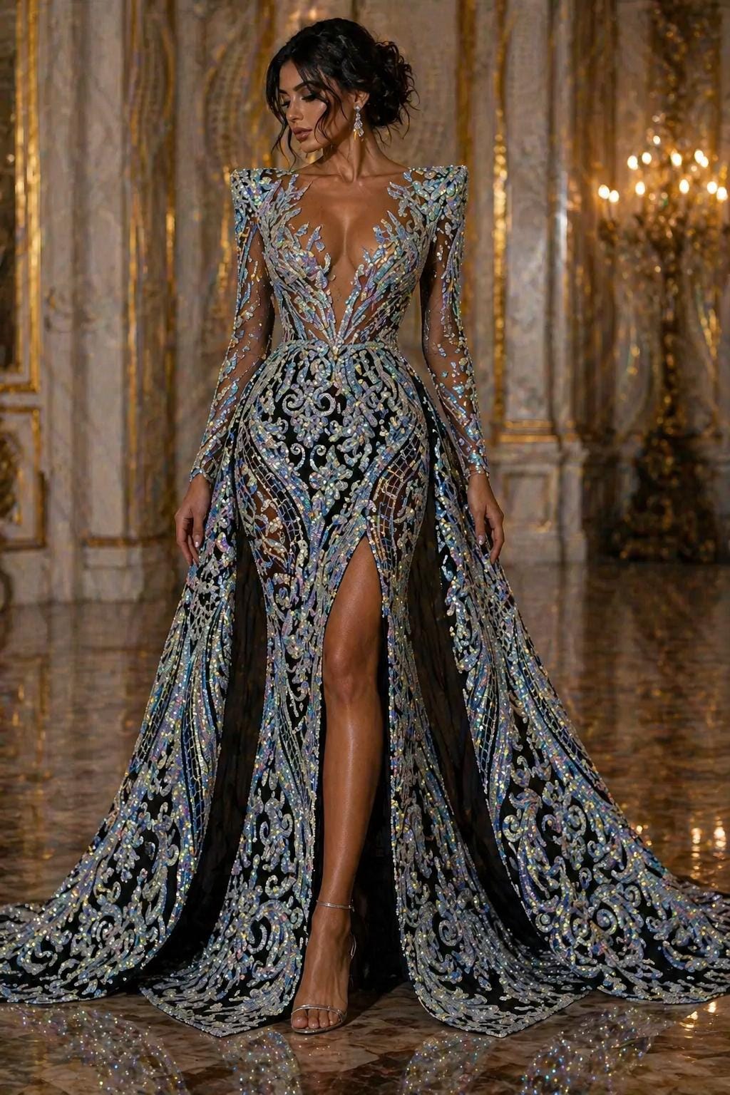 Unicorn Aqua Iridescent - Marvelous Luxury Shiny Sequin 4-Way Stretch Mesh Fabric – Prom & Evening Dress Material By The Yard.