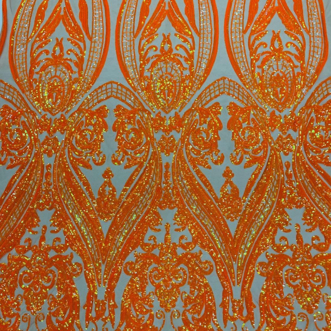 Orange Iridescent - Marvelous Luxury Shiny Sequin 4-Way Stretch Mesh Fabric – Prom & Evening Dress Material By The Yard.