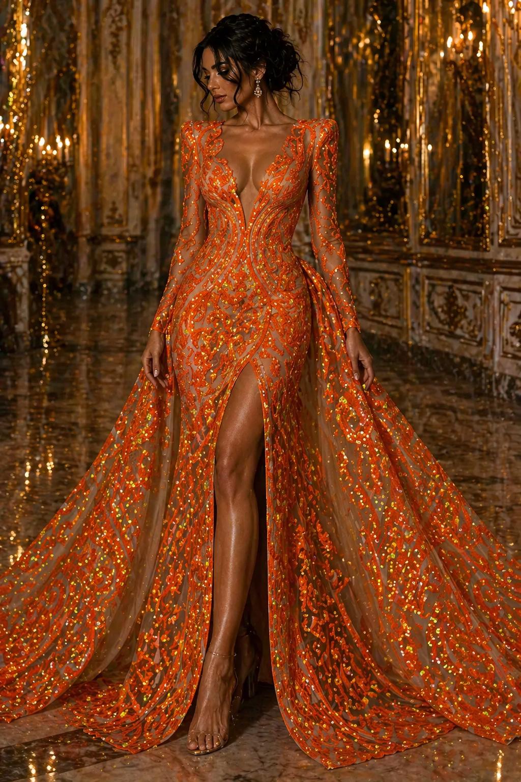 Orange Iridescent - Marvelous Luxury Shiny Sequin 4-Way Stretch Mesh Fabric – Prom & Evening Dress Material By The Yard.