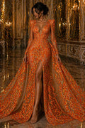 Orange Iridescent - Marvelous Luxury Shiny Sequin 4-Way Stretch Mesh Fabric – Prom & Evening Dress Material By The Yard.