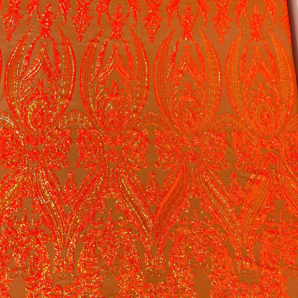 Bright Orange Iridescent - Marvelous Luxury Shiny Sequin 4-Way Stretch Orange Mesh Fabric – Prom & Evening Dress Material By The Yard.