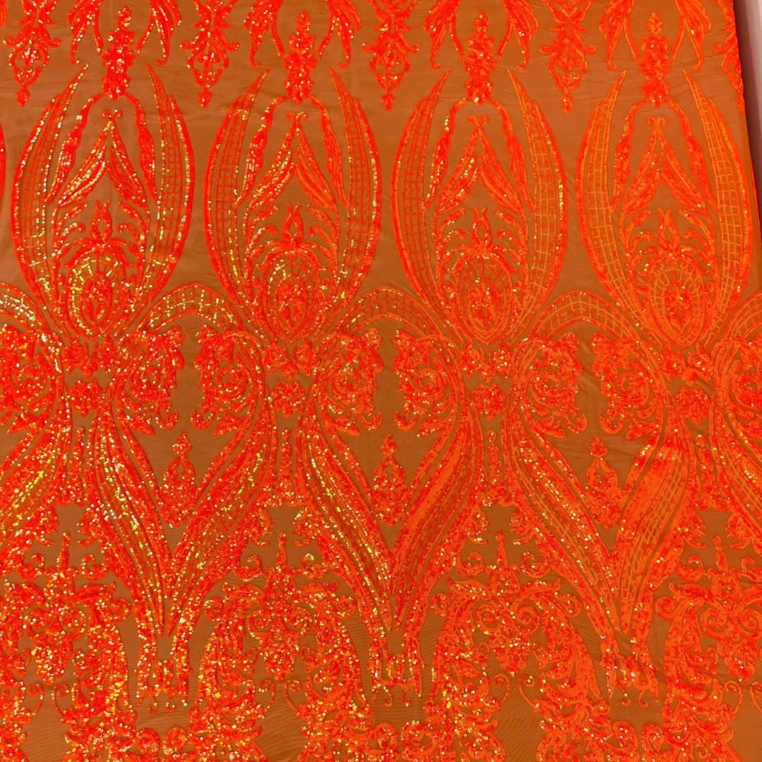 Bright Orange Iridescent - Marvelous Luxury Shiny Sequin 4-Way Stretch Orange Mesh Fabric – Prom & Evening Dress Material By The Yard.