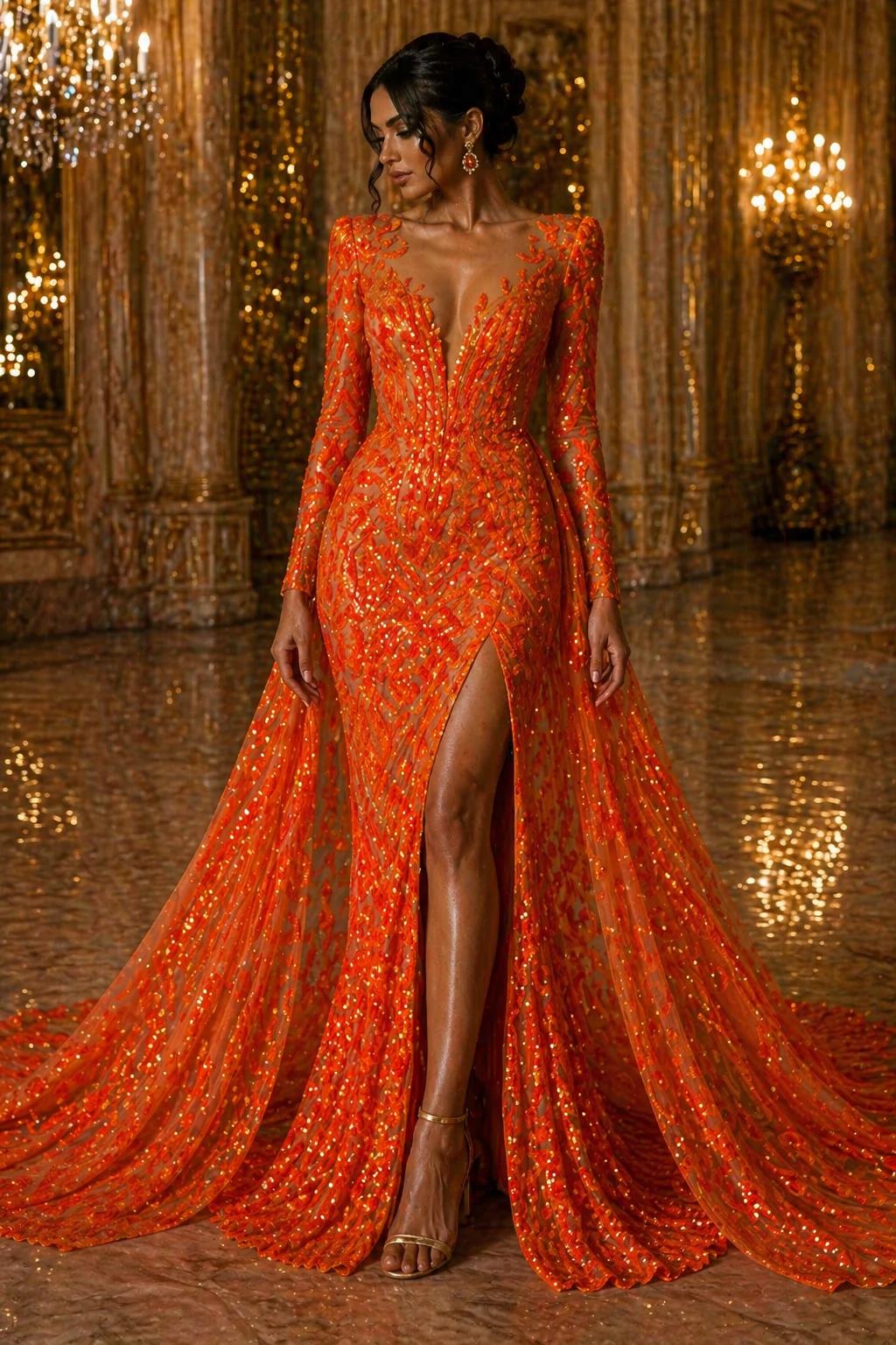 Bright Orange Iridescent - Marvelous Luxury Shiny Sequin 4-Way Stretch Orange Mesh Fabric – Prom & Evening Dress Material By The Yard.