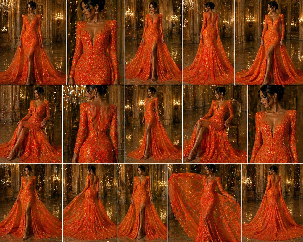 Bright Orange Iridescent - Marvelous Luxury Shiny Sequin 4-Way Stretch Orange Mesh Fabric – Prom & Evening Dress Material By The Yard.