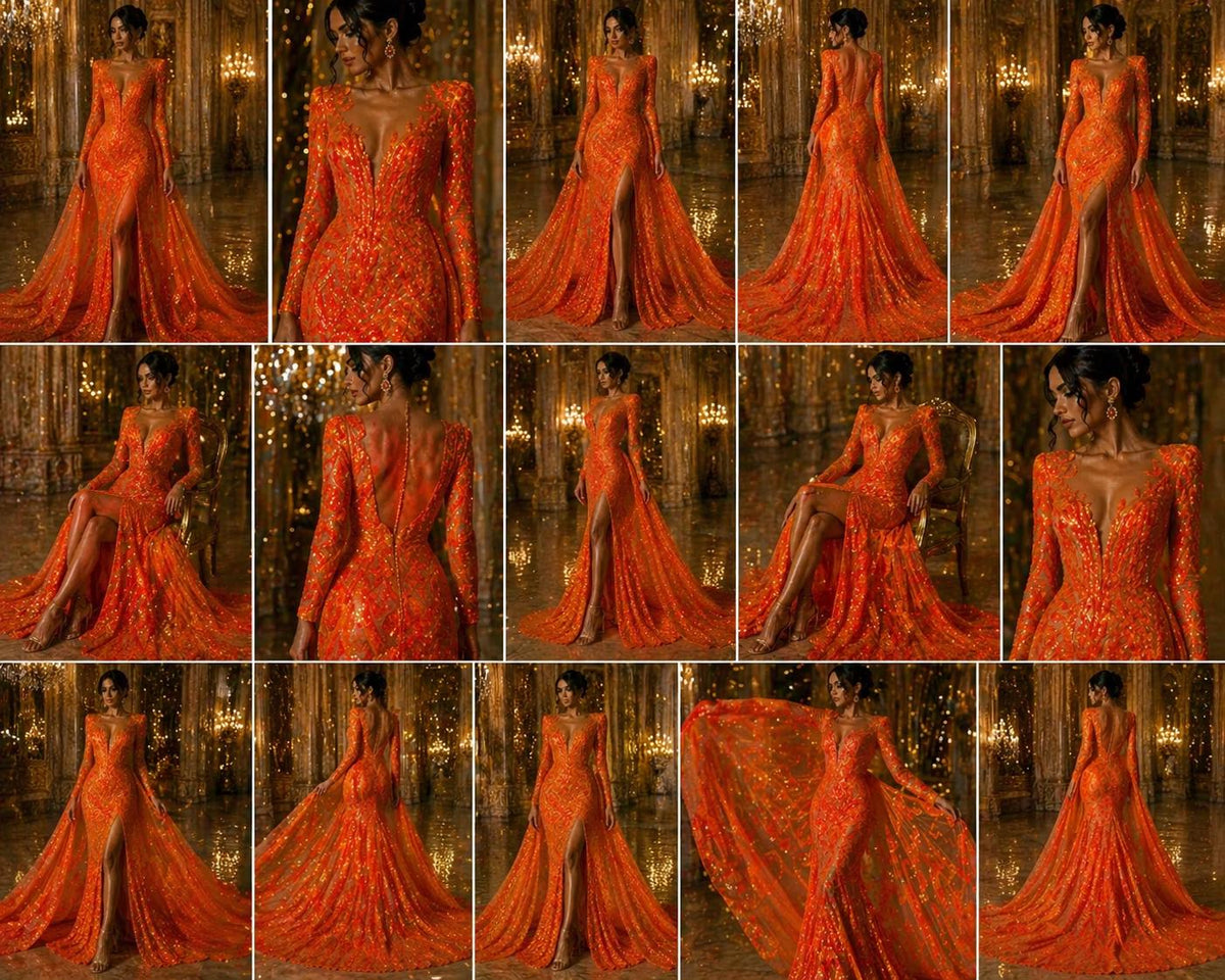 Bright Orange Iridescent - Marvelous Luxury Shiny Sequin 4-Way Stretch Orange Mesh Fabric – Prom & Evening Dress Material By The Yard.