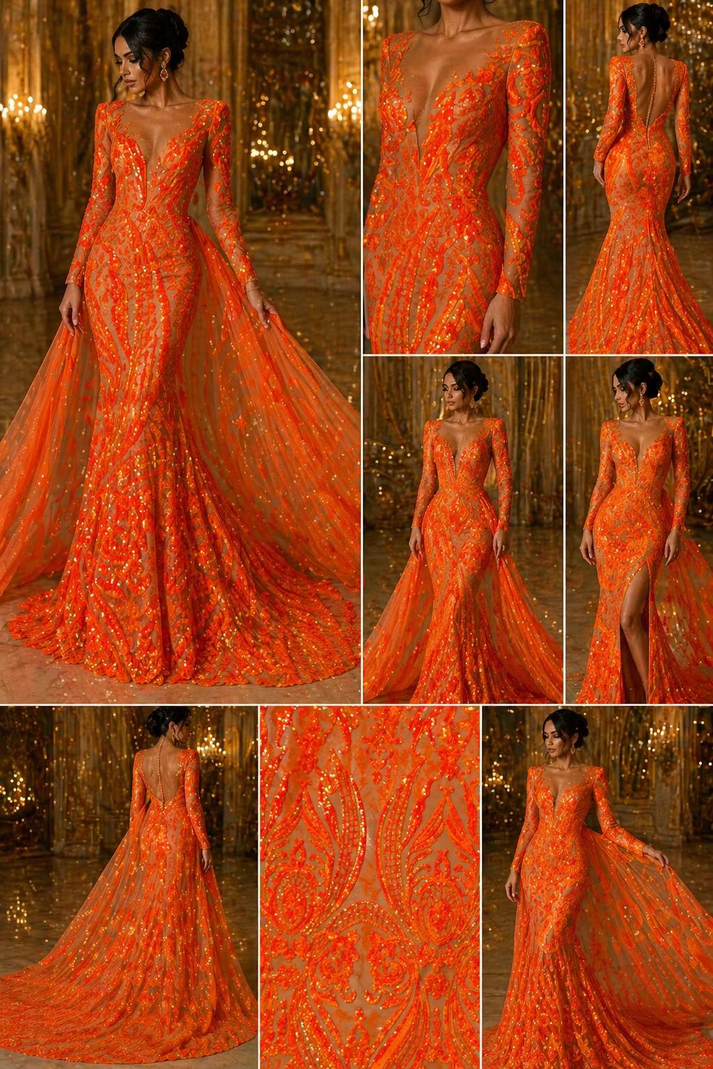 Bright Orange Iridescent - Marvelous Luxury Shiny Sequin 4-Way Stretch Orange Mesh Fabric – Prom & Evening Dress Material By The Yard.