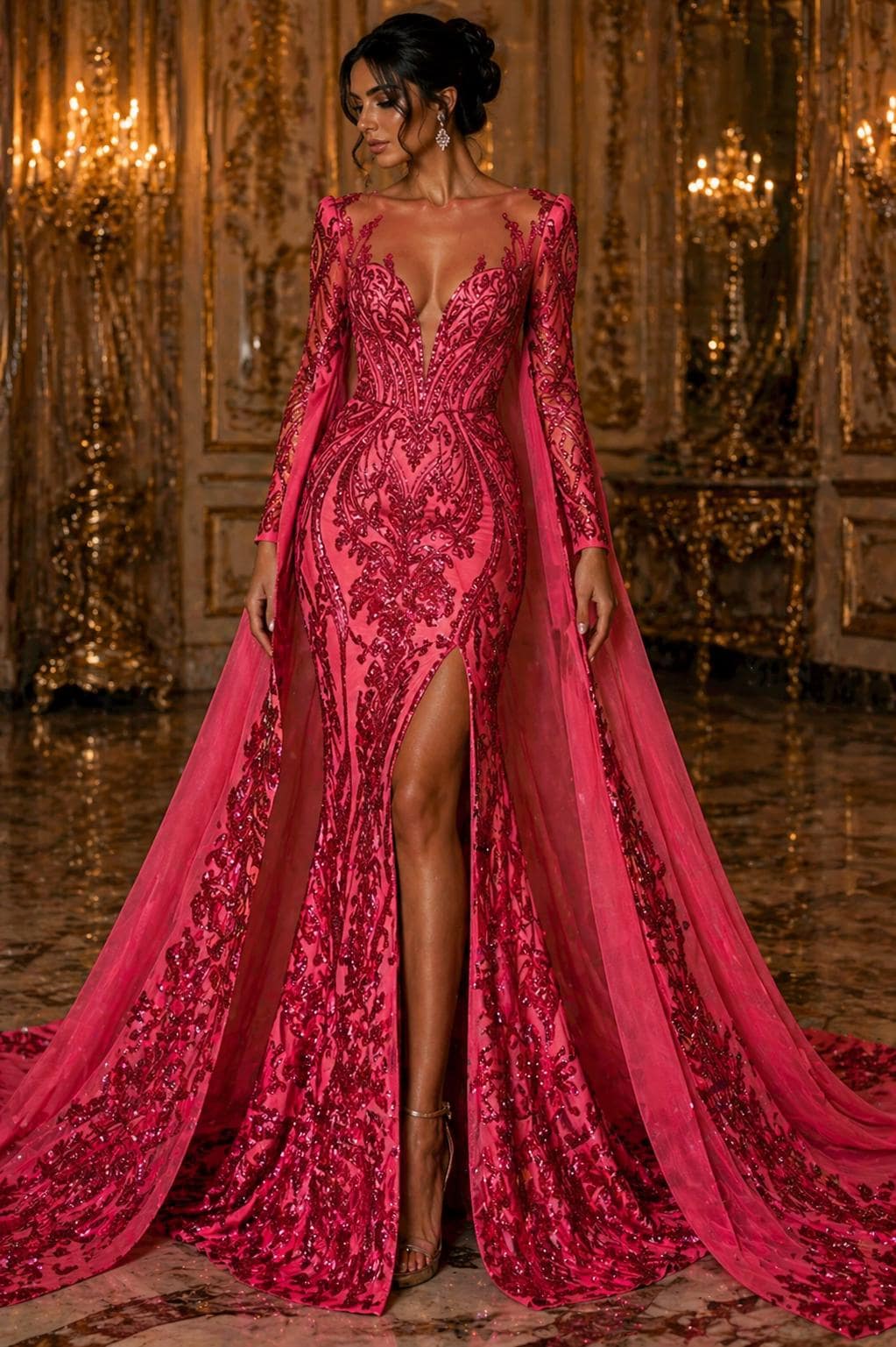 Fuchsia - Marvelous Luxury Shiny Sequin 4-Way Stretch Mesh Fabric – Prom & Evening Dress Material By The Yard.