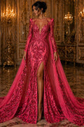 Fuchsia - Marvelous Luxury Shiny Sequin 4-Way Stretch Mesh Fabric – Prom & Evening Dress Material By The Yard.