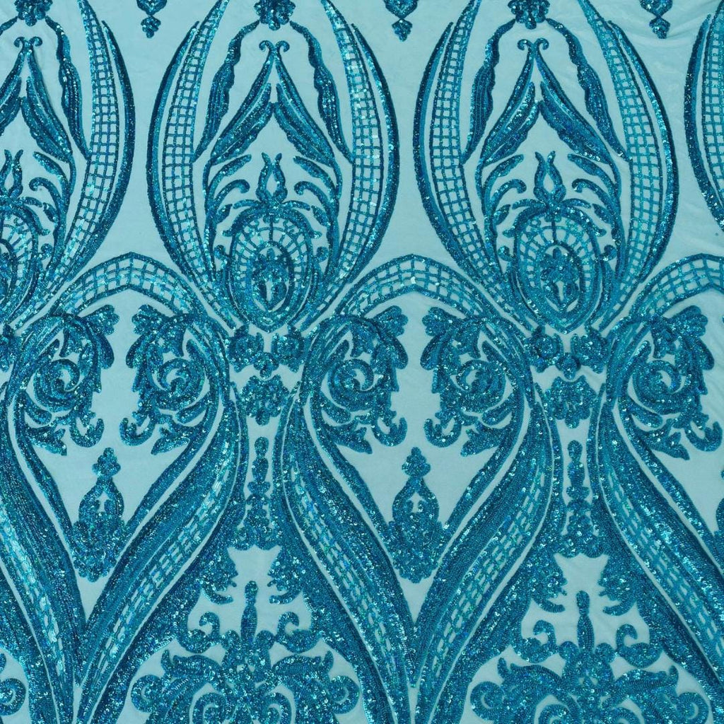Turquoise - Marvelous Luxury Shiny Sequin 4-Way Stretch Mesh Fabric – Prom & Evening Dress Material By The Yard.