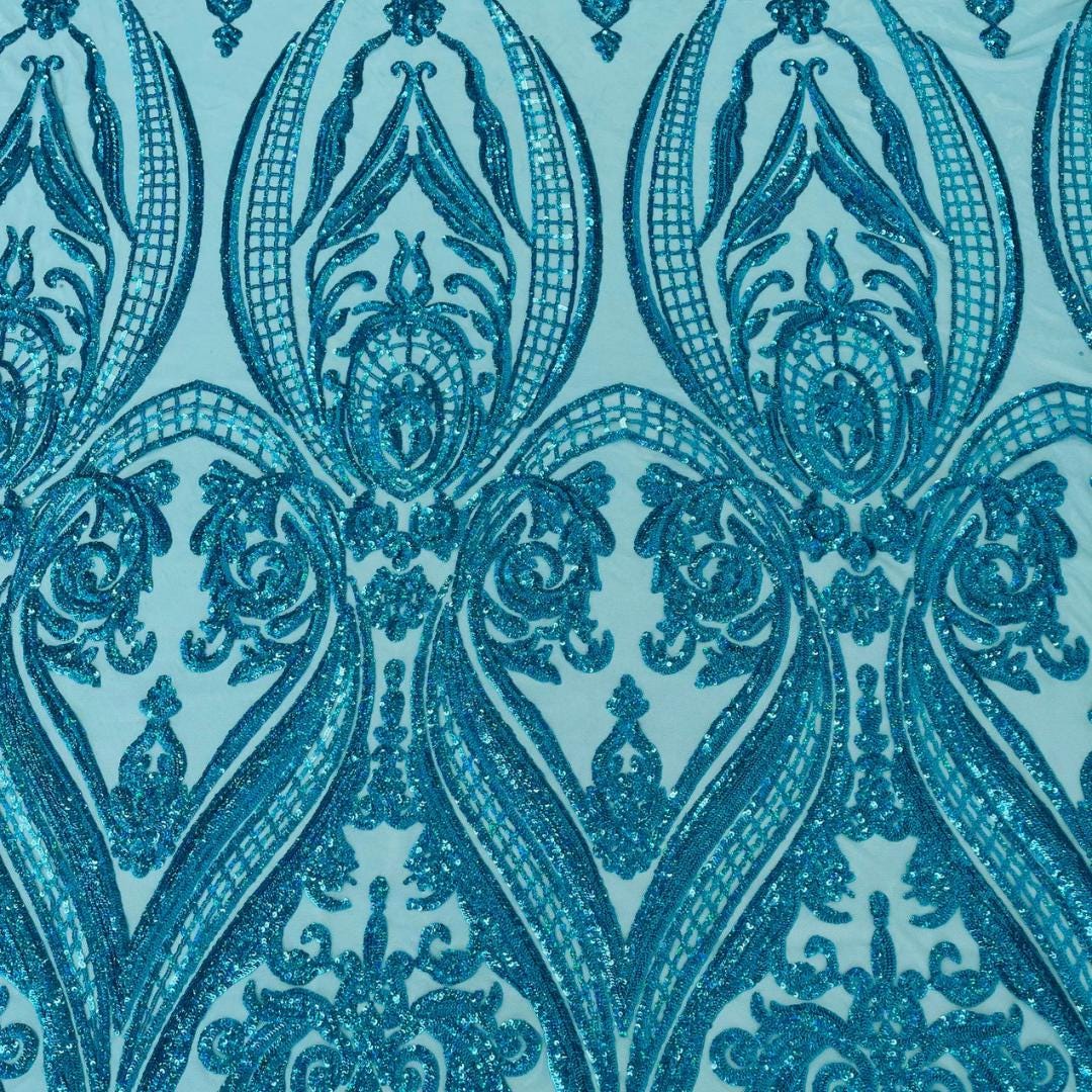 Turquoise - Marvelous Luxury Shiny Sequin 4-Way Stretch Mesh Fabric – Prom & Evening Dress Material By The Yard.