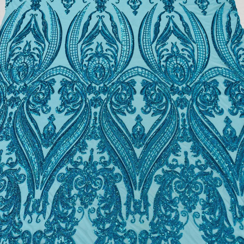 Turquoise - Marvelous Luxury Shiny Sequin 4-Way Stretch Mesh Fabric – Prom & Evening Dress Material By The Yard.