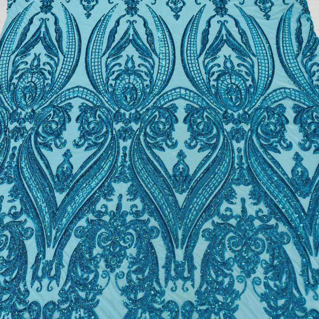 Turquoise - Marvelous Luxury Shiny Sequin 4-Way Stretch Mesh Fabric – Prom & Evening Dress Material By The Yard.