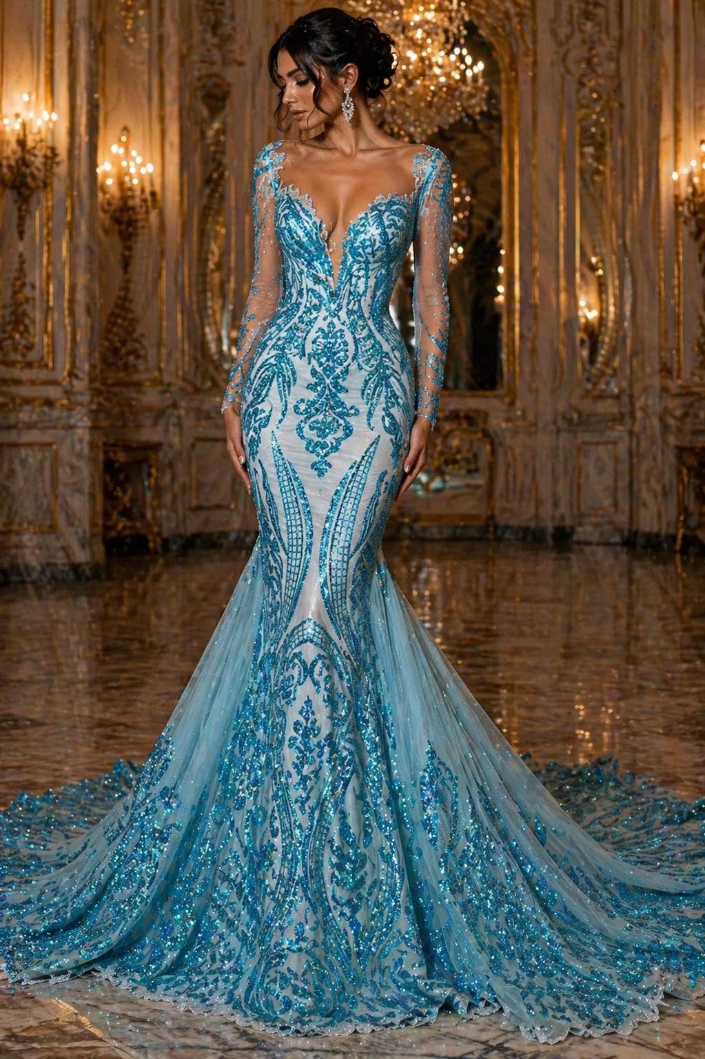 Turquoise - Marvelous Luxury Shiny Sequin 4-Way Stretch Mesh Fabric – Prom & Evening Dress Material By The Yard.