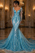 Turquoise - Marvelous Luxury Shiny Sequin 4-Way Stretch Mesh Fabric – Prom & Evening Dress Material By The Yard.