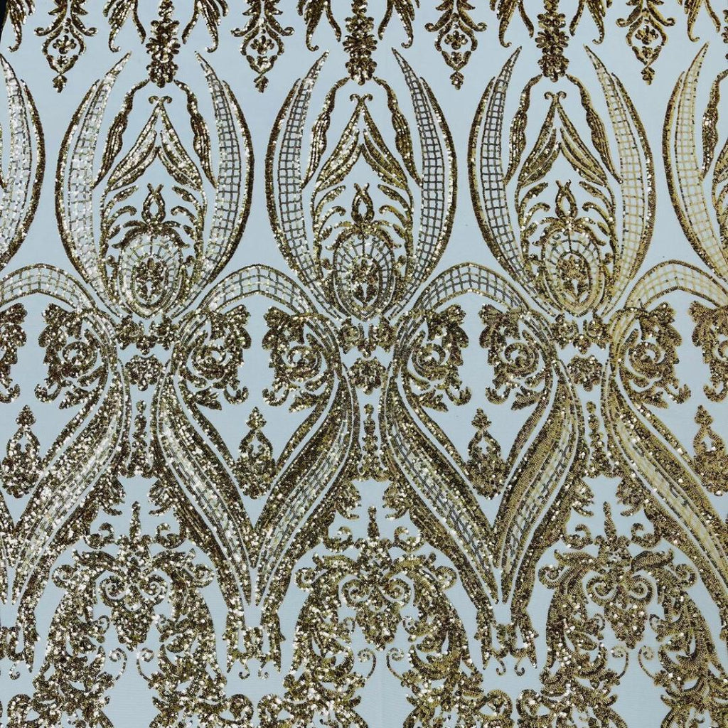 Gold - Marvelous Luxury Shiny Sequin 4-Way Stretch Mesh Fabric – Prom & Evening Dress Material By The Yard.