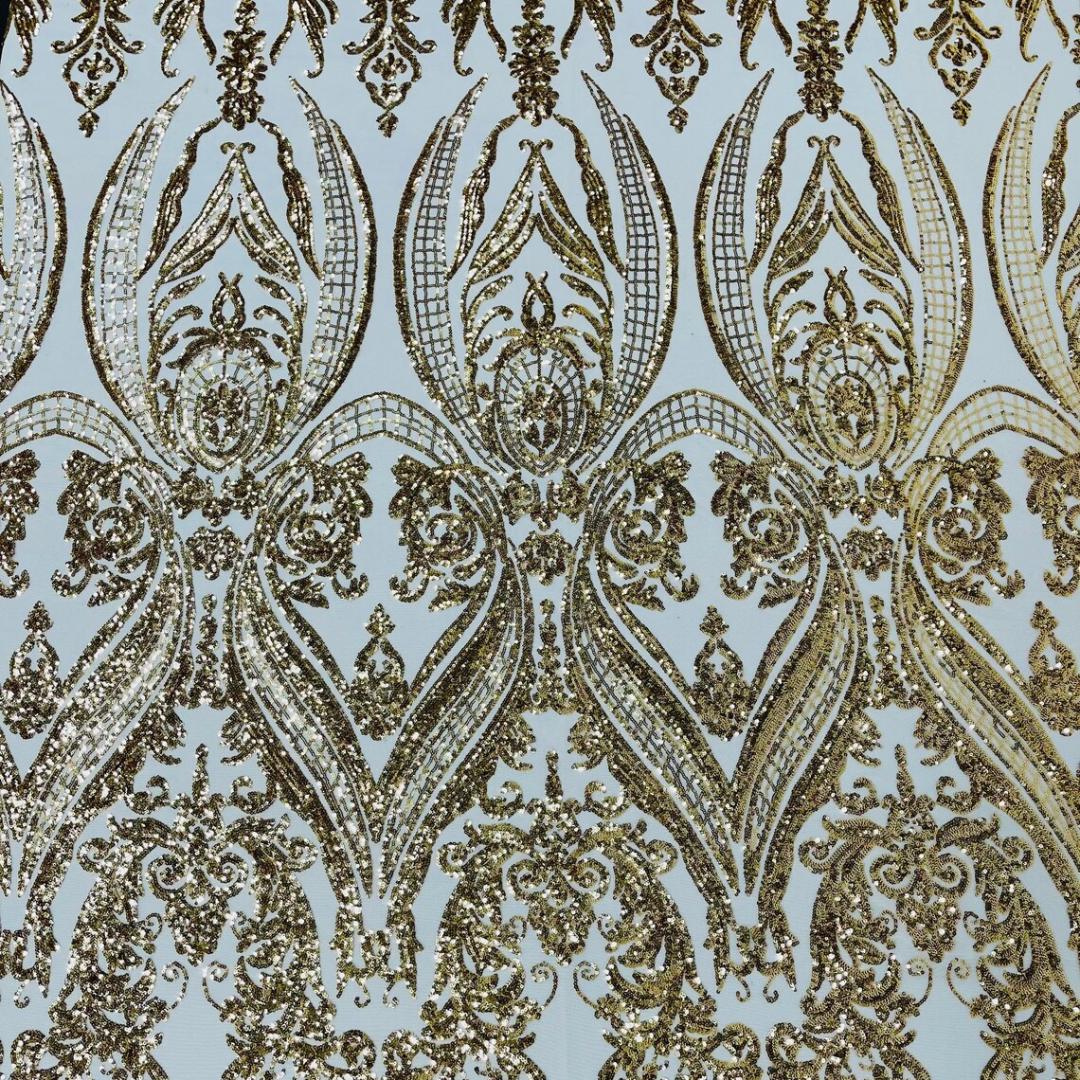 Gold - Marvelous Luxury Shiny Sequin 4-Way Stretch Mesh Fabric – Prom & Evening Dress Material By The Yard.