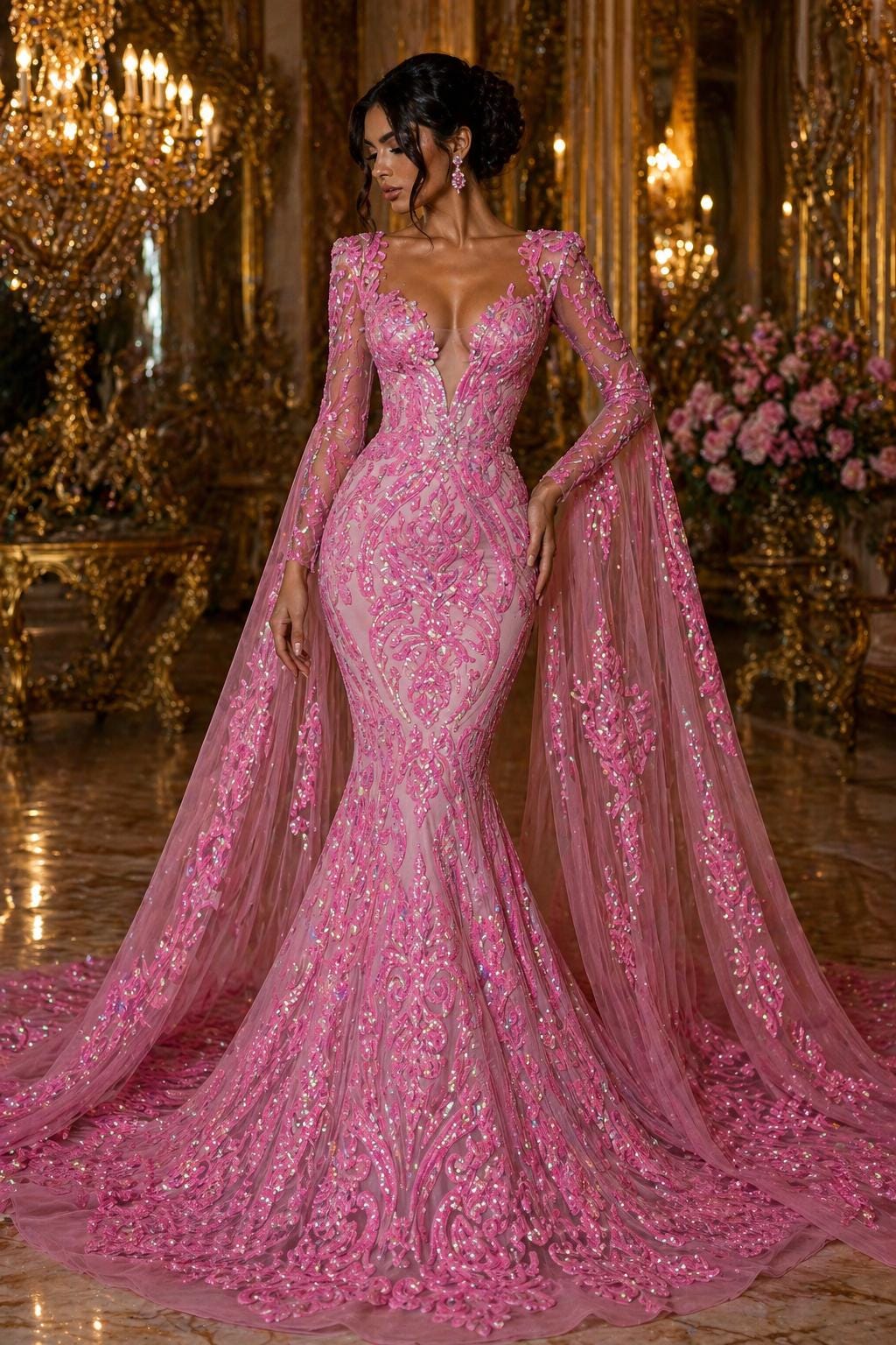 Candy Pink Iridescent - Marvelous Luxury Shiny Sequin 4-Way Stretch Mesh Fabric – Prom & Evening Dress Material By The Yard.