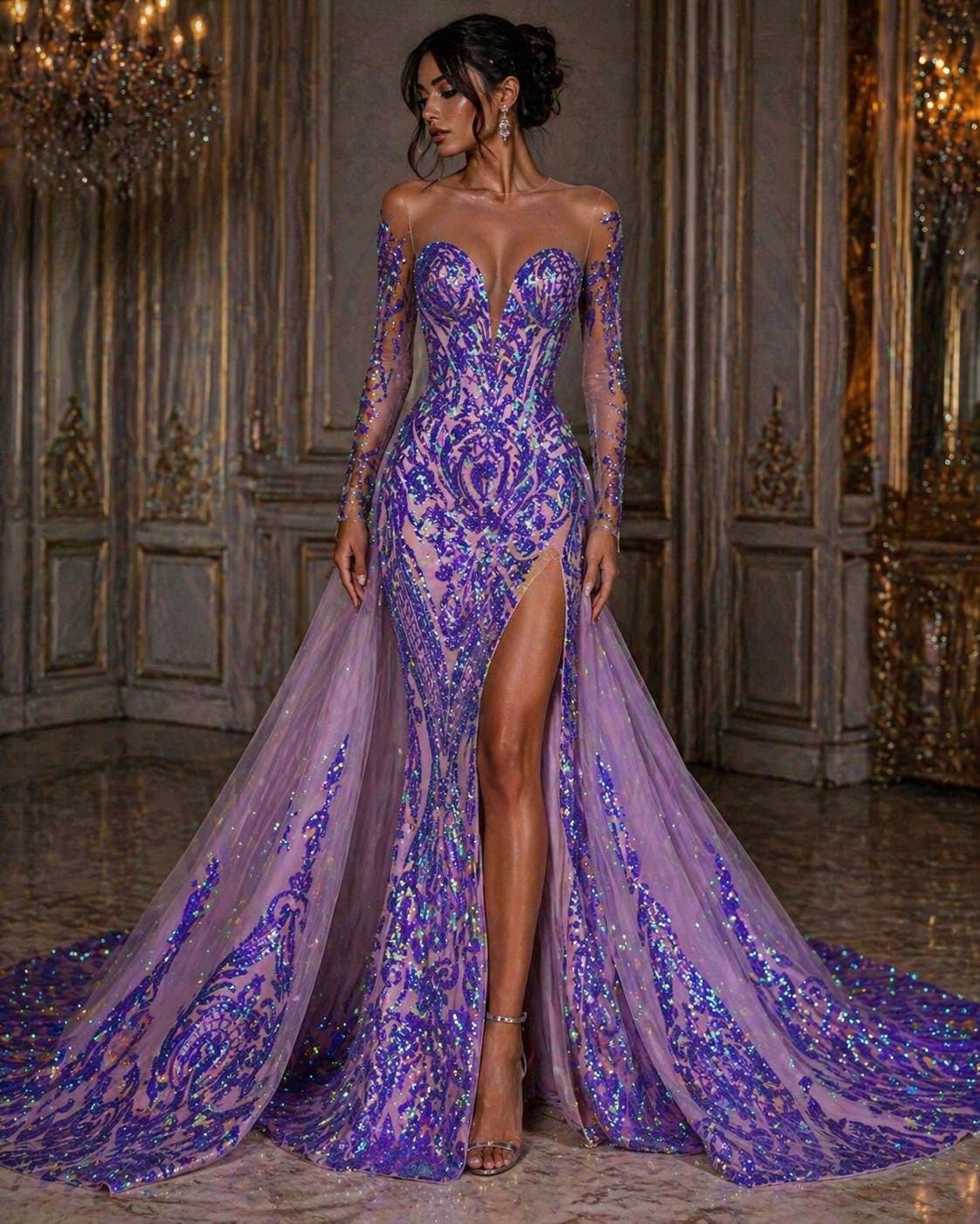Lavender Iridescent - Marvelous Luxury Shiny Sequin 4-Way Stretch Mesh Fabric – Prom & Evening Dress Material By The Yard.