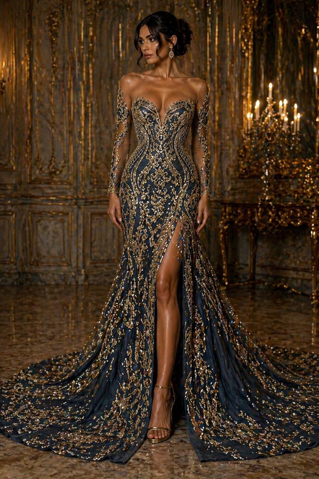 Gold/Black - Marvelous Luxury Shiny Sequin 4-Way Stretch Mesh Fabric – Prom & Evening Dress Material By The Yard.