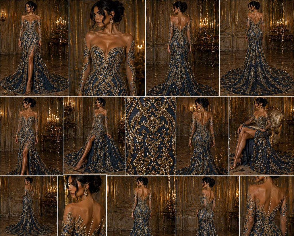 Gold/Black - Marvelous Luxury Shiny Sequin 4-Way Stretch Mesh Fabric – Prom & Evening Dress Material By The Yard.