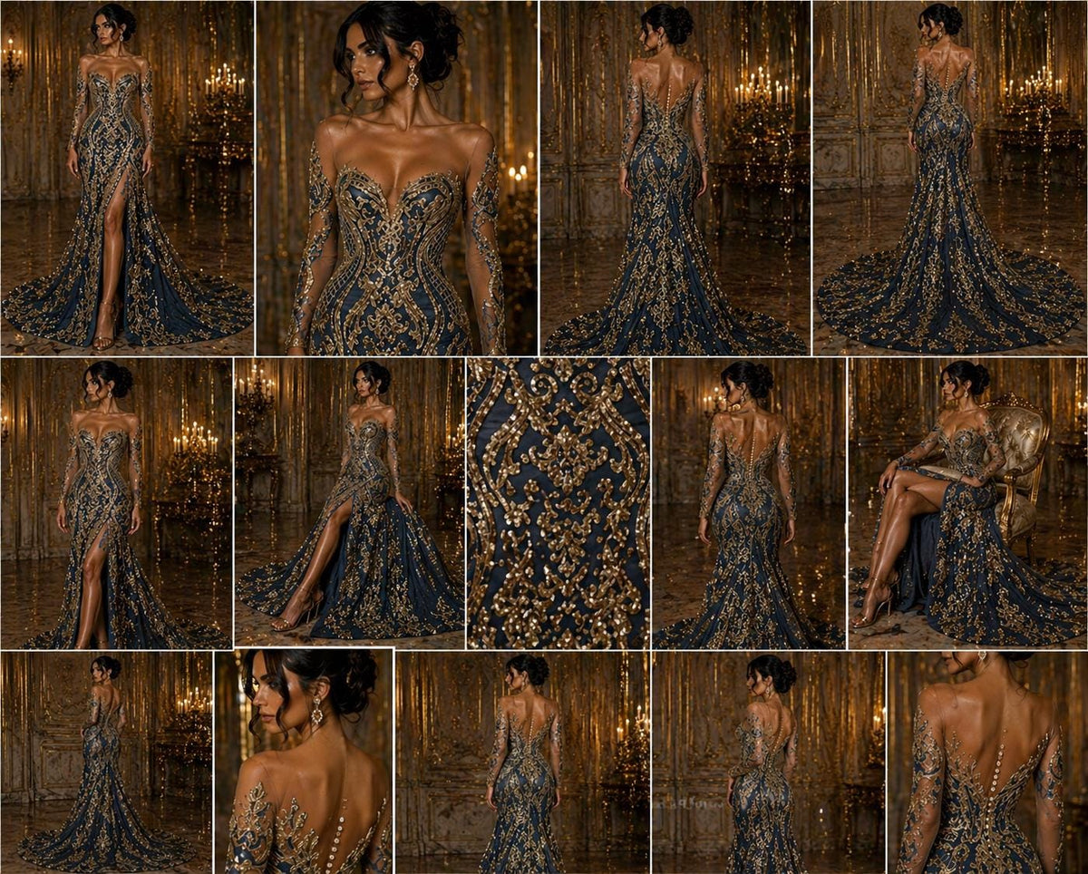 Gold/Black - Marvelous Luxury Shiny Sequin 4-Way Stretch Mesh Fabric – Prom & Evening Dress Material By The Yard.