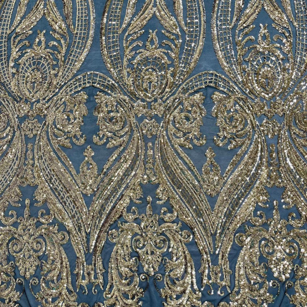 Gold/Black - Marvelous Luxury Shiny Sequin 4-Way Stretch Mesh Fabric – Prom & Evening Dress Material By The Yard.