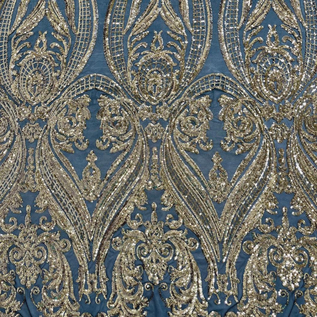 Gold/Black - Marvelous Luxury Shiny Sequin 4-Way Stretch Mesh Fabric – Prom & Evening Dress Material By The Yard.