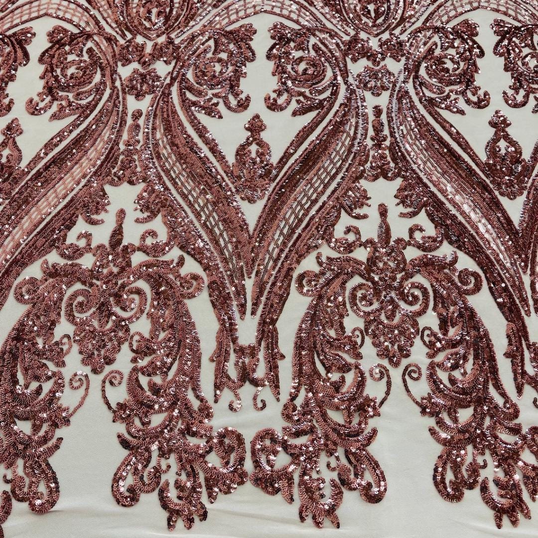 Dusty Rose - Marvelous Luxury Shiny Sequin 4-Way Stretch Mesh Fabric – Prom & Evening Dress Material By The Yard.