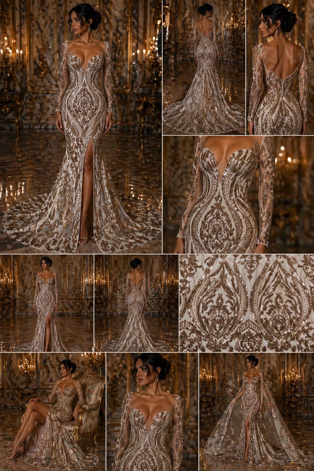 Champagne - Marvelous Luxury Shiny Sequin 4-Way Stretch Mesh Fabric – Prom & Evening Dress Material By The Yard.