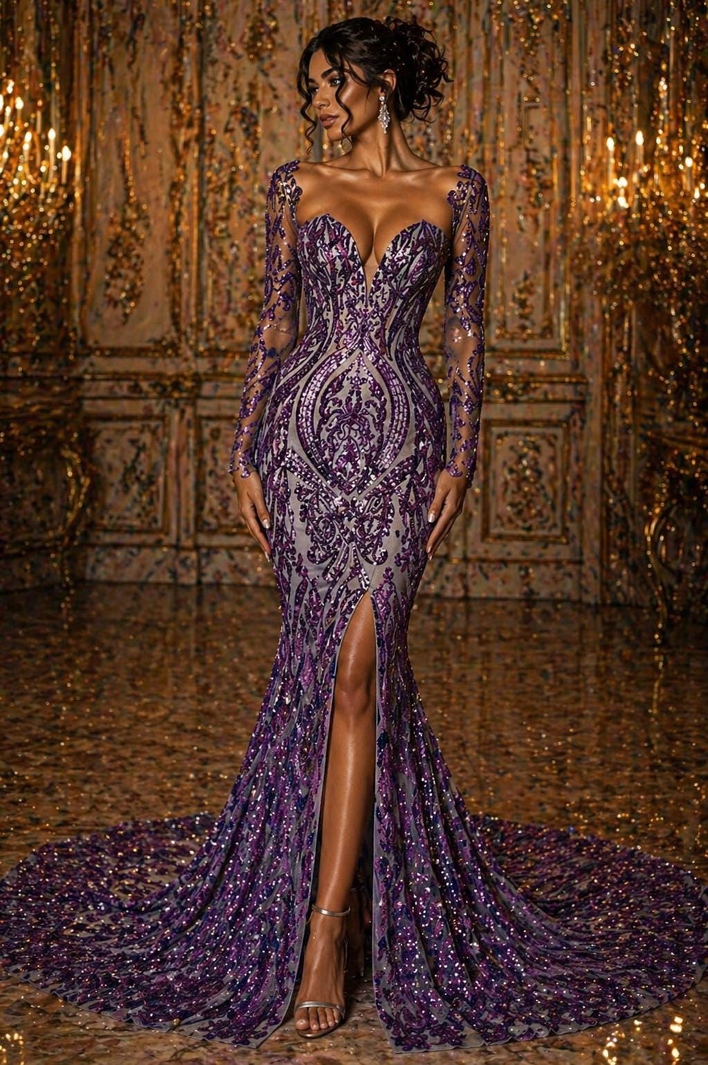 Purple - Marvelous Luxury Shiny Sequin 4-Way Stretch Mesh Fabric – Prom & Evening Dress Material By The Yard.