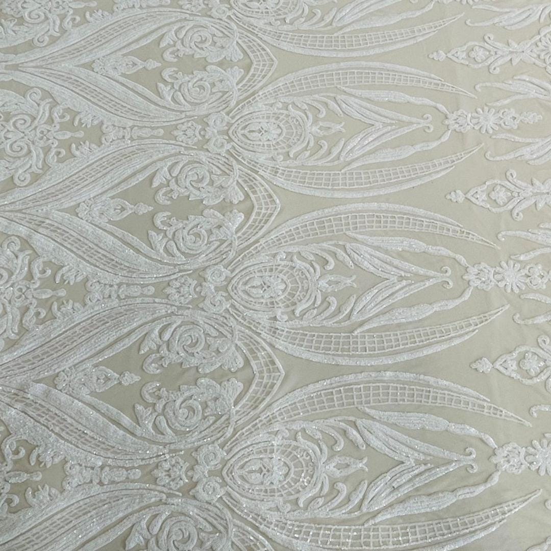White/Nude - Marvelous Luxury Shiny Sequin 4-Way Stretch Mesh Fabric – Prom & Evening Dress Material By The Yard.