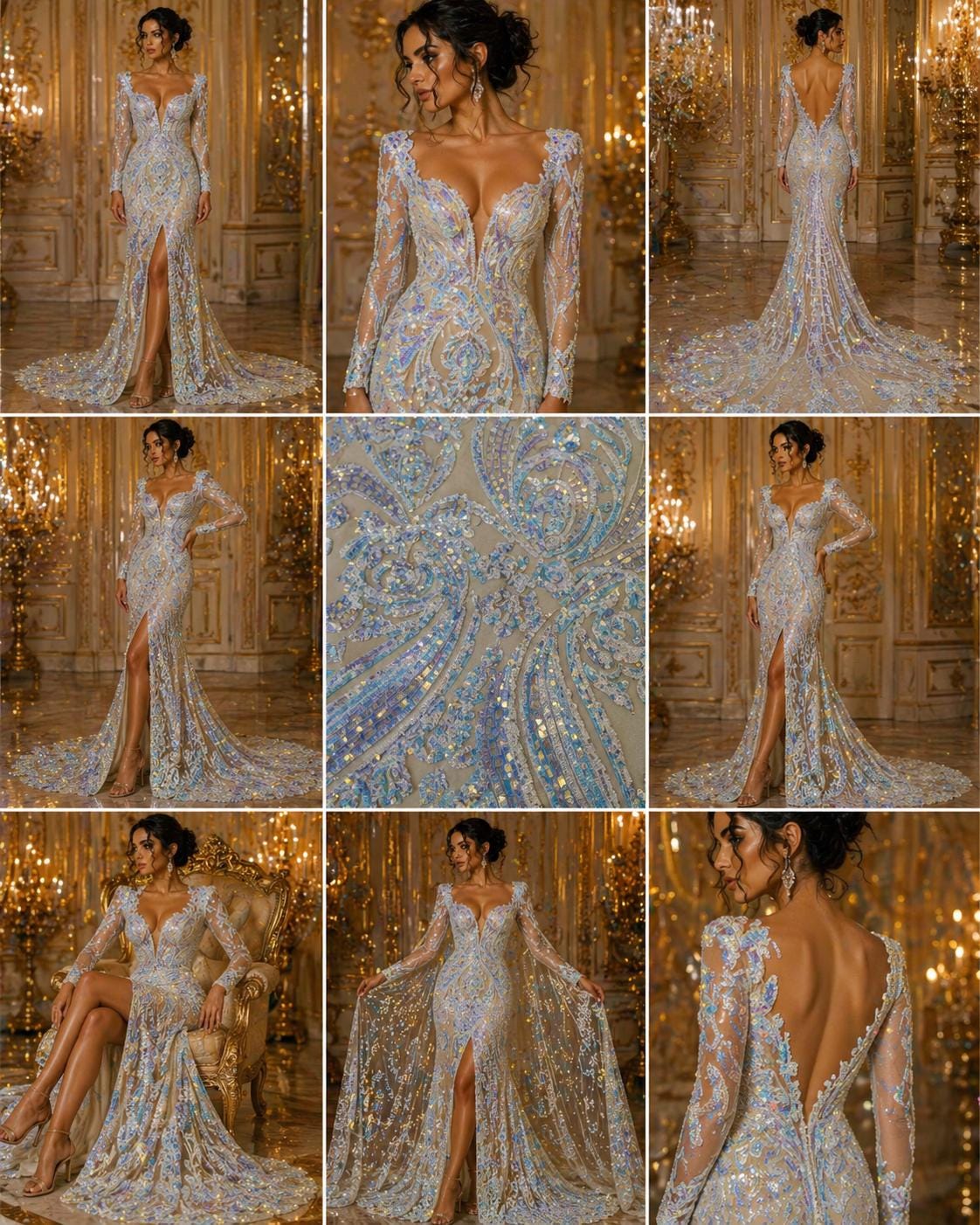 Unicorn Aqua Iridescent - Marvelous Luxury Shiny Sequin 4-Way Stretch Orange Mesh Fabric – Prom & Evening Dress Material By The Yard.