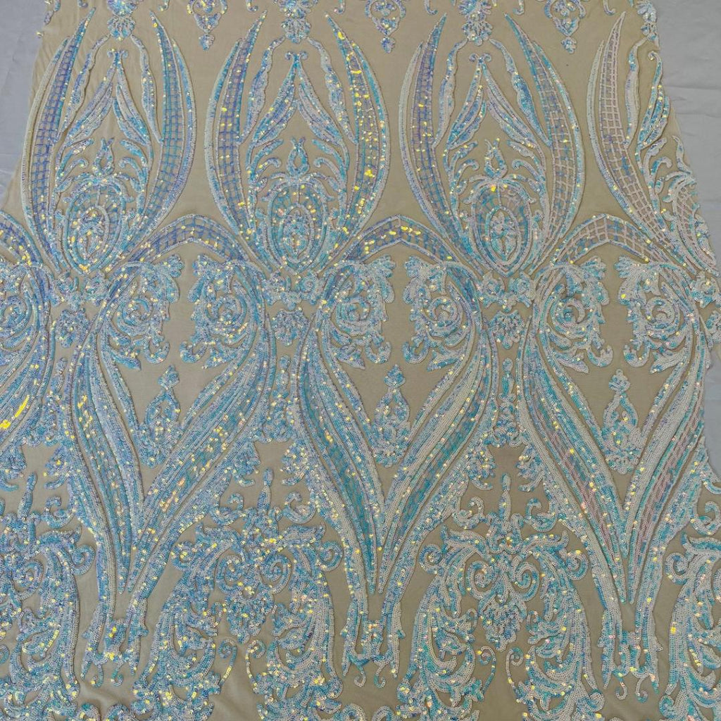 Unicorn Aqua Iridescent - Marvelous Luxury Shiny Sequin 4-Way Stretch Orange Mesh Fabric – Prom & Evening Dress Material By The Yard.
