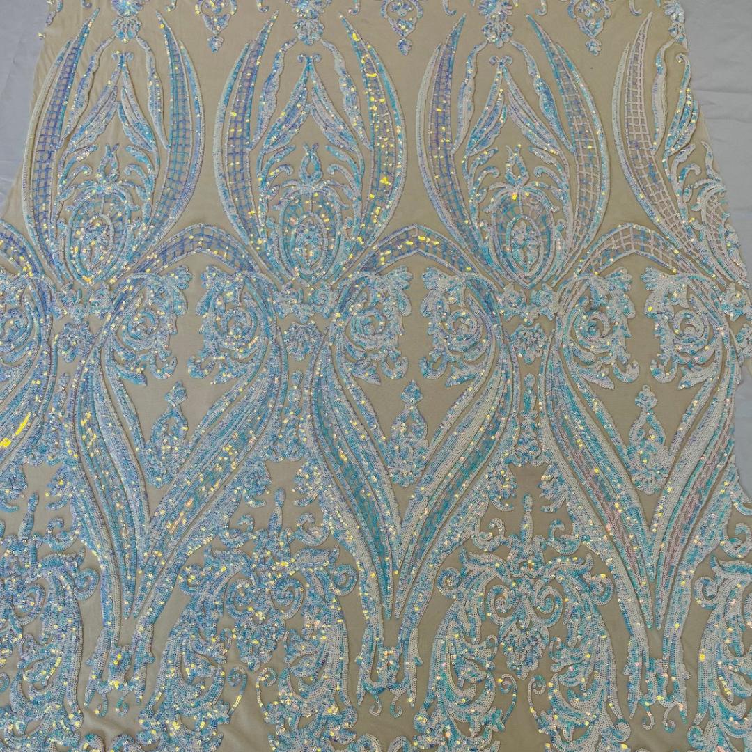 Unicorn Aqua Iridescent - Marvelous Luxury Shiny Sequin 4-Way Stretch Orange Mesh Fabric – Prom & Evening Dress Material By The Yard.