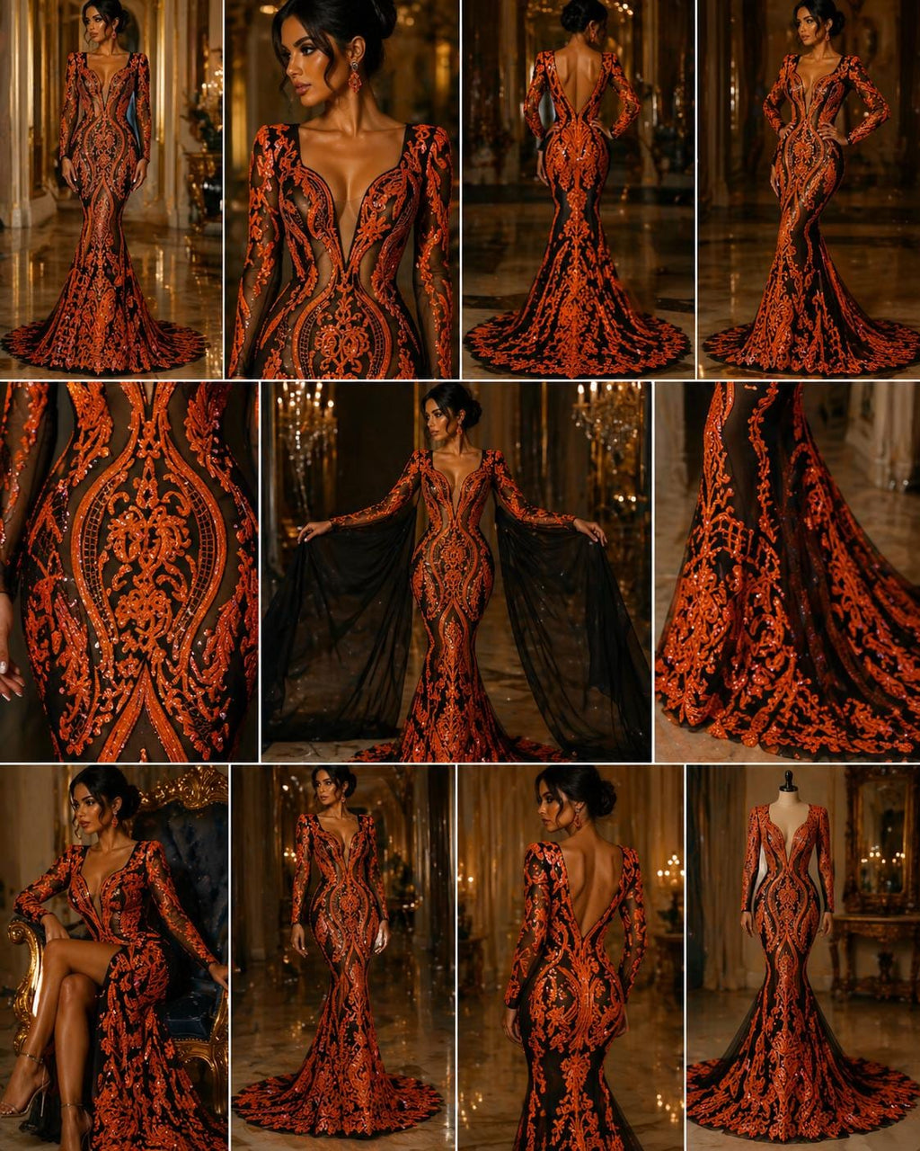 Neon Orange Iridescent - Marvelous Luxury Shiny Sequin 4-Way Stretch Mesh Fabric – Prom & Evening Dress Material By The Yard.