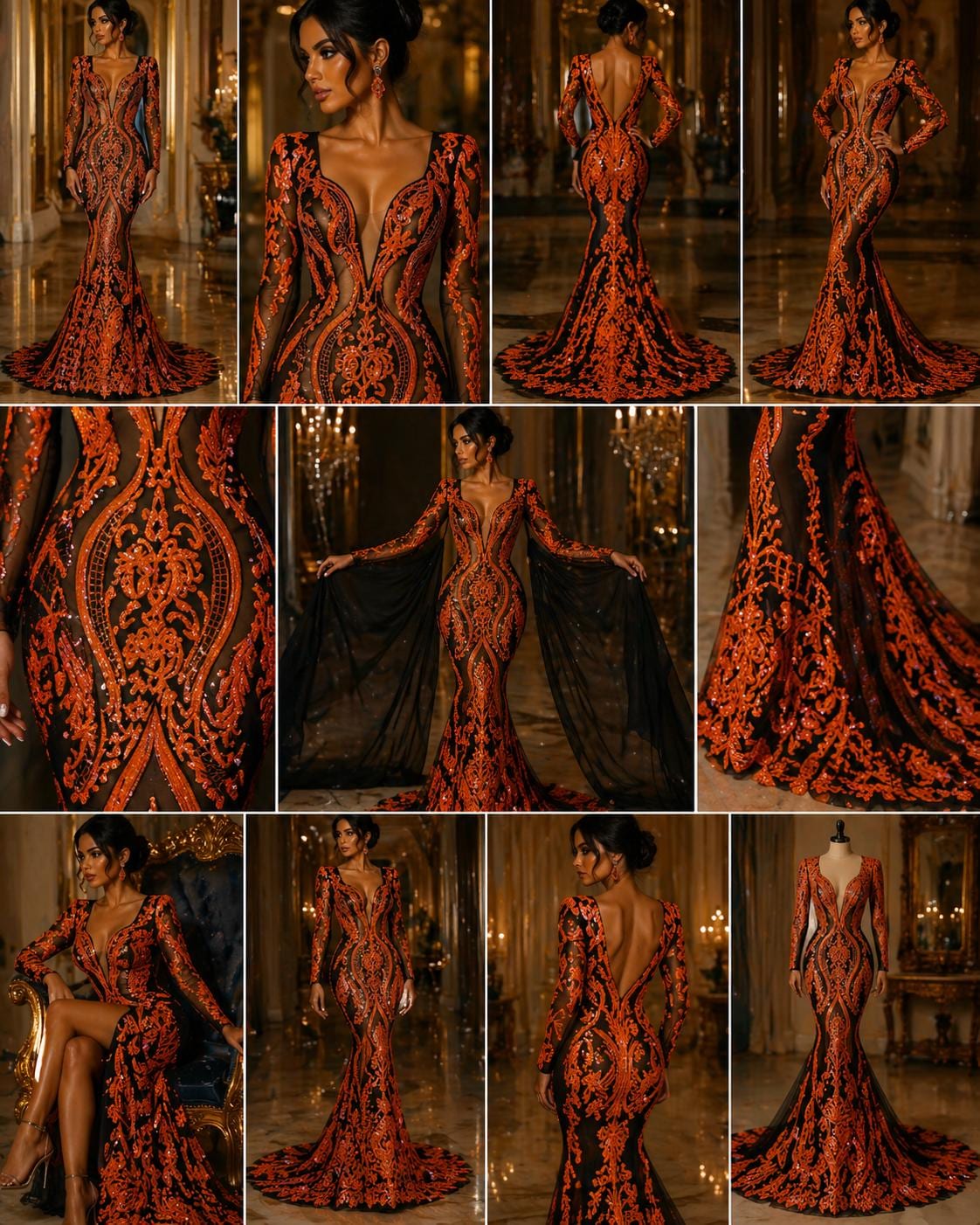 Neon Orange Iridescent - Marvelous Luxury Shiny Sequin 4-Way Stretch Mesh Fabric – Prom & Evening Dress Material By The Yard.