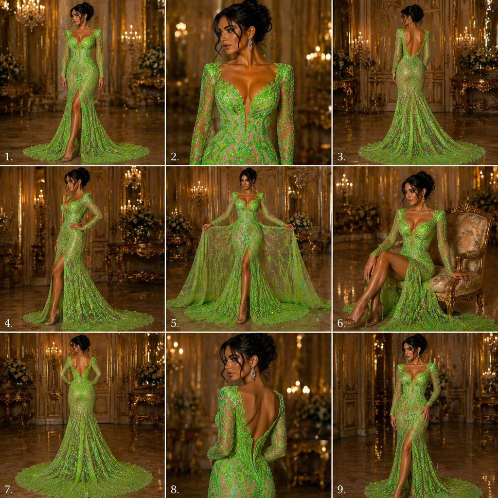 Neon Green Iridescent - Marvelous Luxury Shiny Sequin 4-Way Stretch Mesh Fabric – Prom & Evening Dress Material By The Yard.