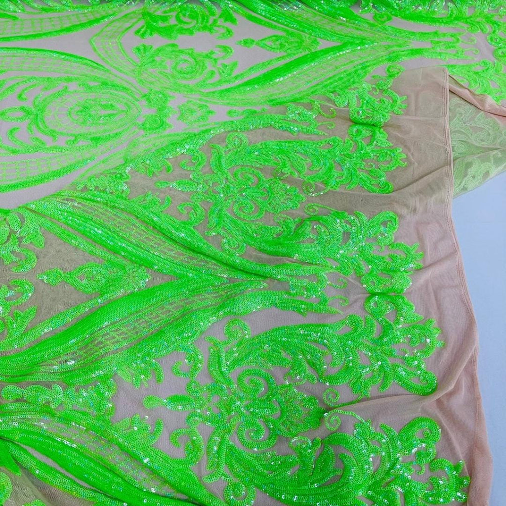 Neon Green Iridescent - Marvelous Luxury Shiny Sequin 4-Way Stretch Mesh Fabric – Prom & Evening Dress Material By The Yard.