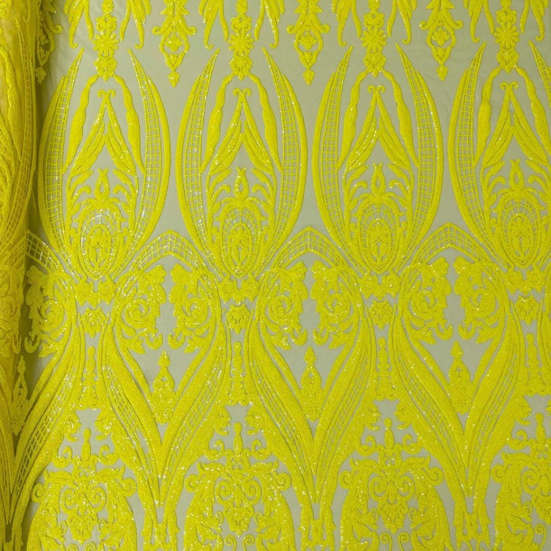 Yellow - Marvelous Luxury Shiny Sequin 4-Way Stretch Mesh Fabric – Prom & Evening Dress Material By The Yard.