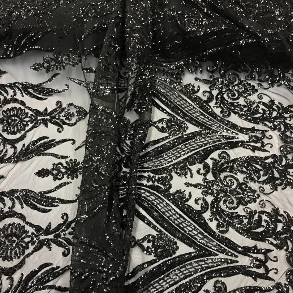 Black - Marvelous Luxury Shiny Sequin 4-Way Stretch Mesh Fabric – Prom & Evening Dress Material By The Yard.