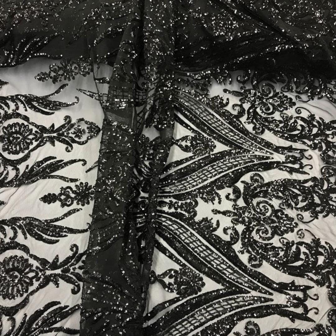 Black - Marvelous Luxury Shiny Sequin 4-Way Stretch Mesh Fabric – Prom & Evening Dress Material By The Yard.