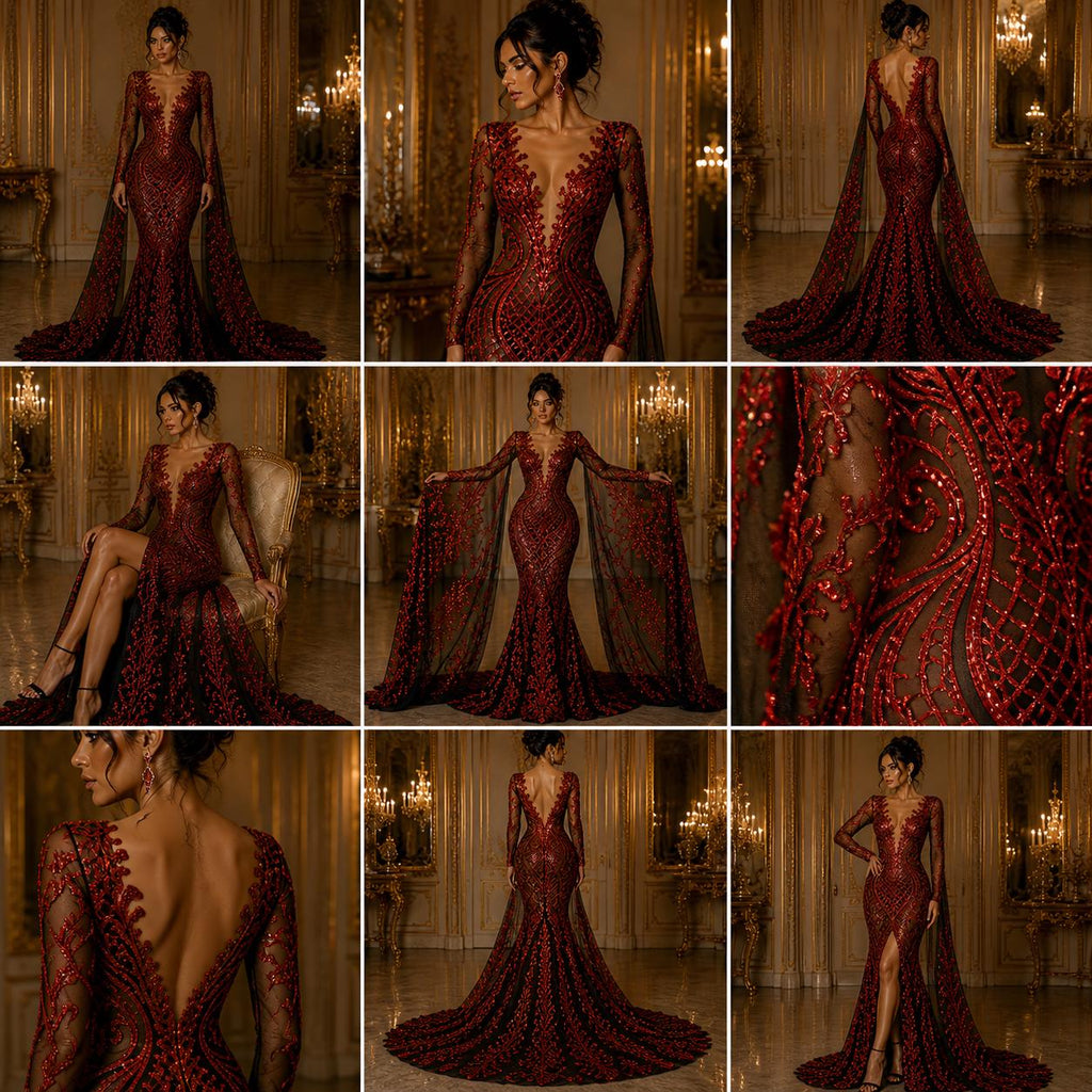 Red/Black - Marvelous Luxury Shiny Sequin 4-Way Stretch Mesh Fabric – Prom & Evening Dress Material By The Yard.