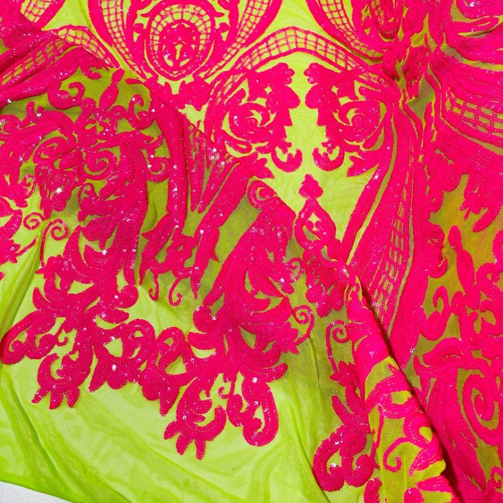Hot Pink/Neon Green - Marvelous Luxury Shiny Sequin 4-Way Stretch Mesh Fabric – Prom & Evening Dress Material By The Yard.