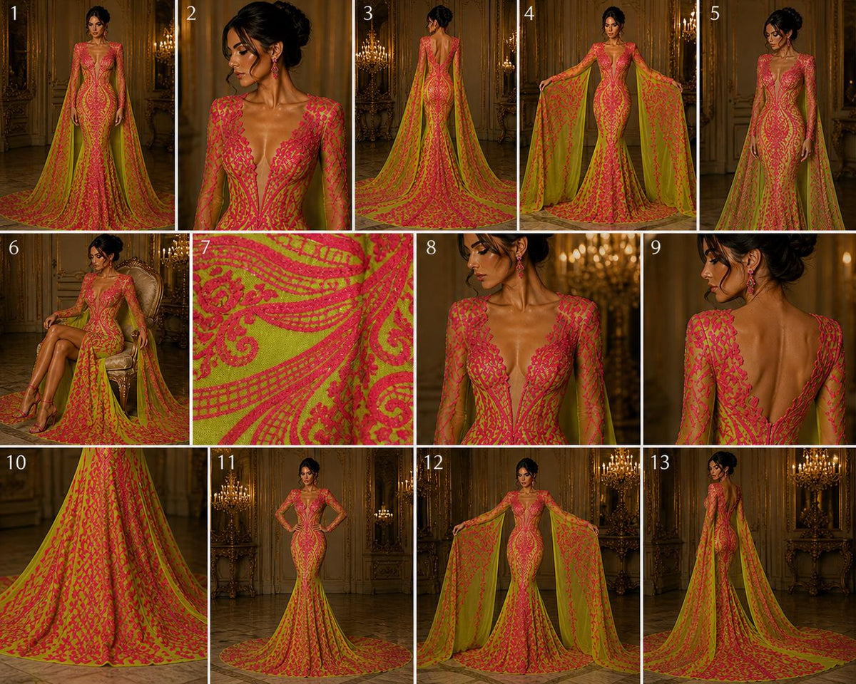 Hot Pink/Neon Green - Marvelous Luxury Shiny Sequin 4-Way Stretch Mesh Fabric – Prom & Evening Dress Material By The Yard.