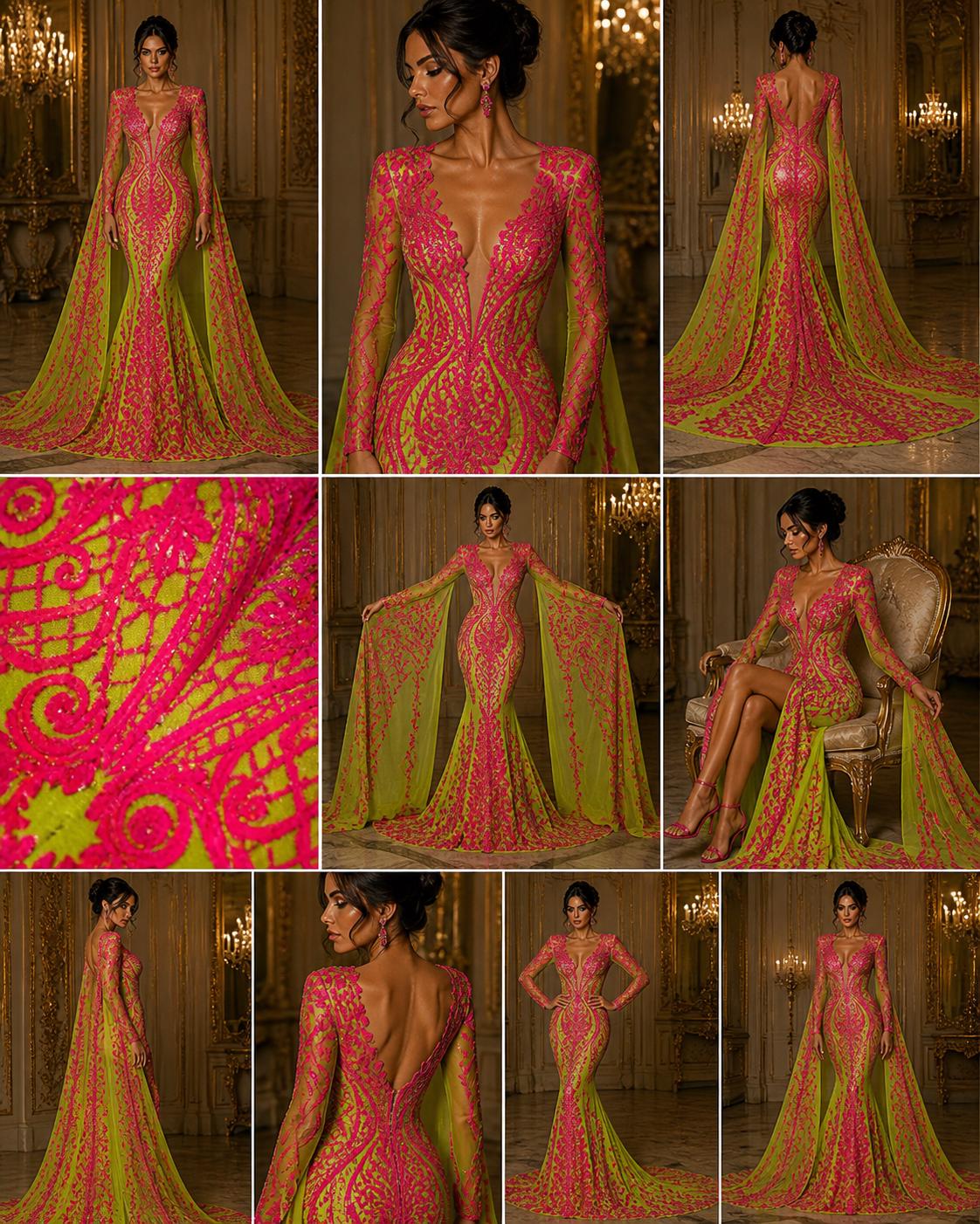 Hot Pink/Neon Green - Marvelous Luxury Shiny Sequin 4-Way Stretch Mesh Fabric – Prom & Evening Dress Material By The Yard.