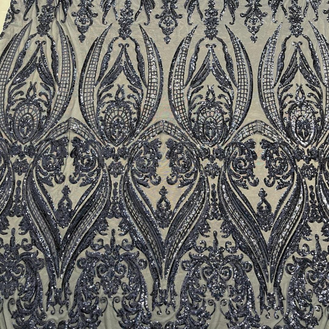 Navy Blue - Marvelous Luxury Shiny Sequin 4-Way Stretch Mesh Fabric – Prom & Evening Dress Material By The Yard.