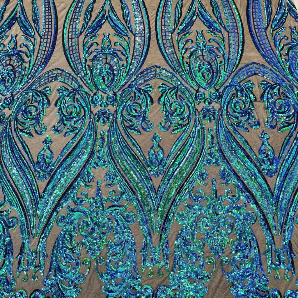 Green Iridescent - Marvelous Luxury Shiny Sequin 4-Way Stretch Mesh Fabric – Prom & Evening Dress Material By The Yard.