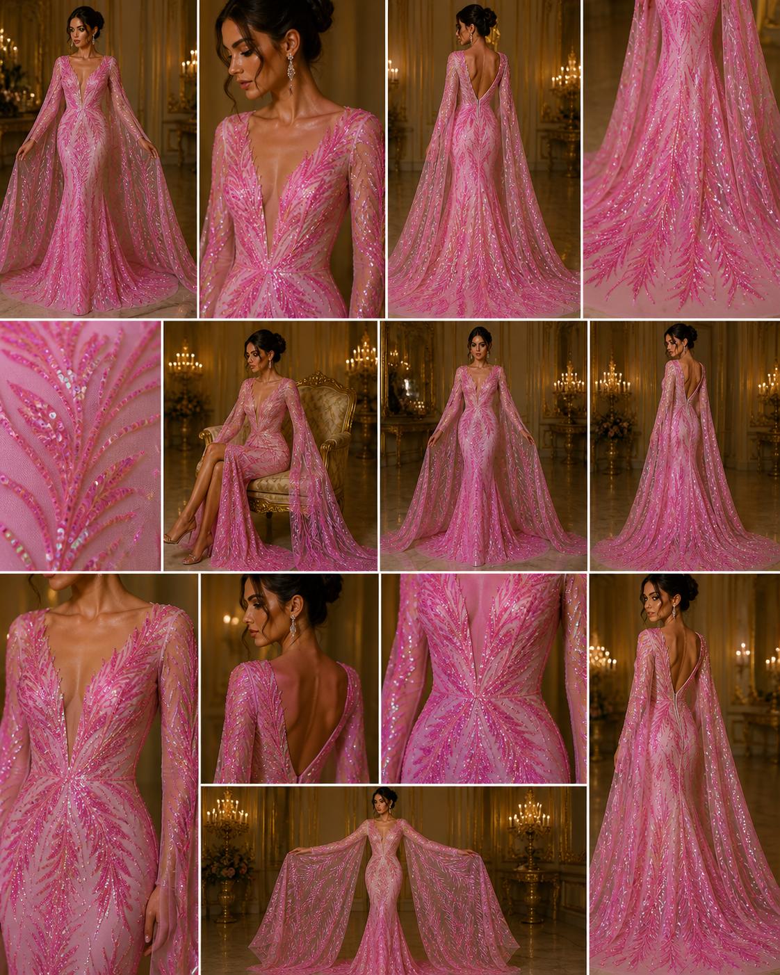 Feather Illusion Iridescent Luxury Shiny Sequin - PINK - 4 Way Stretch Mesh Fabric – Prom & Evening Dress Material By The Yard.